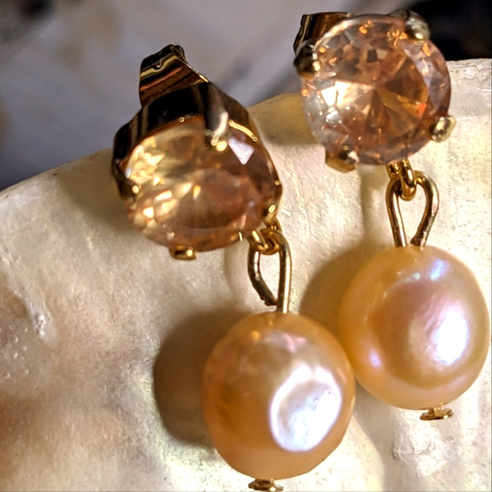 Genuine Champagne/Yellow Sapphire and Baroque Pearl Drop Earrings in 14k GP